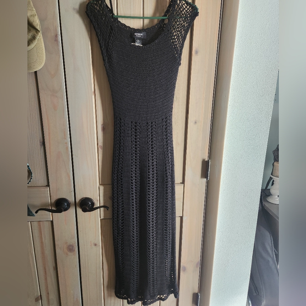 Express Handknit Crochet Vintage Black Midi Dress Size Small